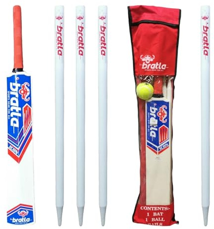 Bratla Complete Wooden Cricket Kit – Training Cricket Set with Bat, Tennis Ball, Stumps, Bail & Carry Bag – Available in Youth and Adult Sizes (Adult)