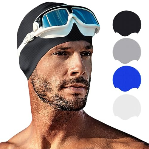 Tripsky Silicone Swim Cap for Long Hair, Swimming Cap for Women Men Teenagers, Stereoscopic Pattern Bathing Cap Ideal for Curly Short Medium Long Hair (Black)