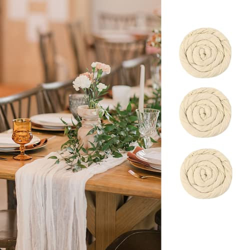 UIYIHIF Chemin de table en étamine 90x400cm long chemin de table rustique en gaze romantique, nappe semi-transparente pour décoration de tonnelle de mariage bohème, fête d'anniversaire, beige-lot de 3