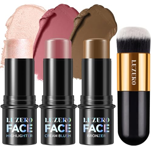 Lezero 3Pcs Contour Stick Makeup Kit, Shades with Highlighter, Blush and Bronzer Stick for Sculpt the Face and All Skin Type, Long Lasting, Smooth, Dewy & Matte Finish, LIGHT MEDIUM