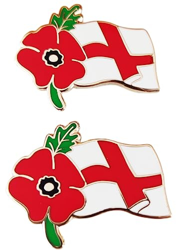 Remembrance Day England Red Flower Pin Badge Brooch St George's Flag Lest We Forget Memorial (2pcs)