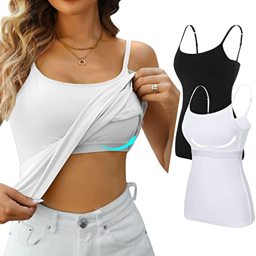 V FOR CITY Women Non-Padded Shelf Bra Camisole 2 Pack | Adjustable Straps, Scoop Neck, Cotton, Slim Fit, Breathable, Workout, Dating, Yoga Cami Shirts, Gym Tank Top