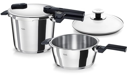 Fissler Vitaquick Jeu D’autocuiseurs, 3 Pièces (2 Autocuiseurs Avec Couvercle Métallique 3,5 l + 6 l, 1 Couvercle Supplémentaire En Verre), Compatible Induction