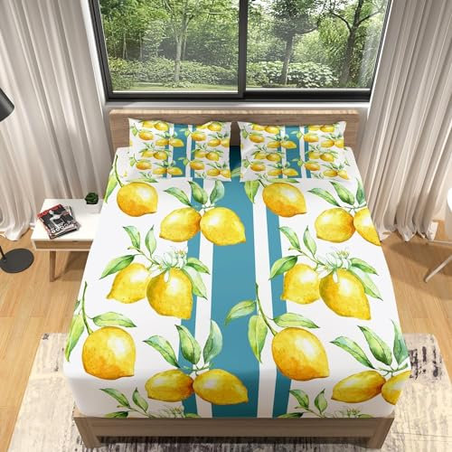 3D Zitrone Spannbettlaken 140x200cm, Gelbe Frucht Weiches Mikrofaser Bettlaken für Kinder, Bettlaken Spannbetttuch 140x200 bis 30 cm Matratzenhöhe mit 2 kissenbezüge b4638