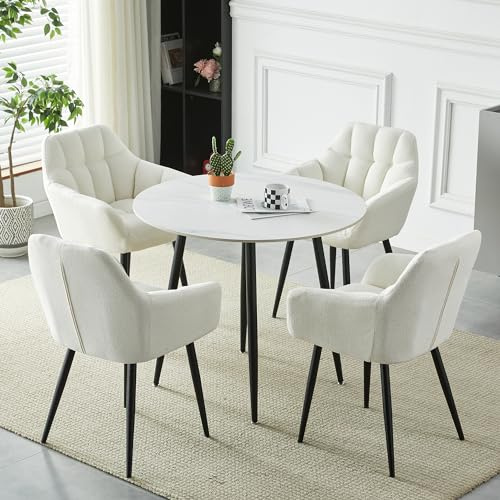 HomJoy Round Marble Dining Table and Chairs Set of 4, Space Saving Kitchen Breakfast Table and Lounge Chairs Leisure Armchairs Dining Room Set for Living Dining Conference Room Office Restaurant