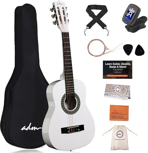 ADM 1/4 Kinder Konzertgitarren-Set, 76,2 cm, Junior-Gitarren-Set für Anfänger mit Gigbag, Stimmgerät, Gurt, Plektren, extra Saiten, Aufbewahrungstasche und Reinigungstuch (weiß)