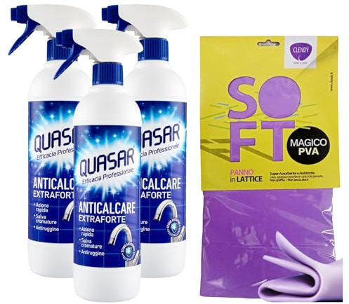 SET PULIZIA: 3x Quasar ANTICALCARE EXTRAFORTE, Azione Rapida, Salva Cromature, Antiruggine 580ml + In Omaggio Panno Soft In Lattice 30x30