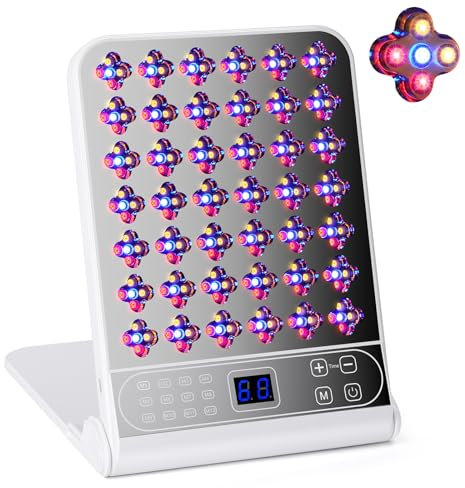 Lampe Infrarouge 210 LED Panneau de Lumière Rouge red light Avec 12 Modes, 4 Longueurs d'Onde(Rouge 660nm, Bleu 423nm, Jaune 583nm, Infrarouge 850nm) et Minuterie (Ne Produit Pas de Chaleur) (Argent)