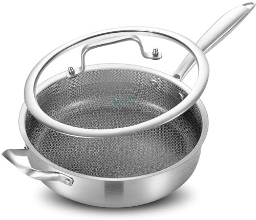LOLYKITCH Hybrid-Antihaft-Pfanne aus dreilagigem Edelstahl mit Deckel, 30,5 cm tiefe Bratpfanne, große Bratpfanne, Induktionskochpfanne, ofenfest und abnehmbarer Griff.