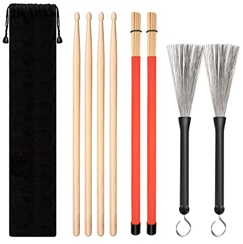 Juego clásico de baquetas, 4 pares de baquetas de arce, cepillo de tambor de alambre y baquetas Dowel con bolsa de almacenamiento para principiantes o avanzados