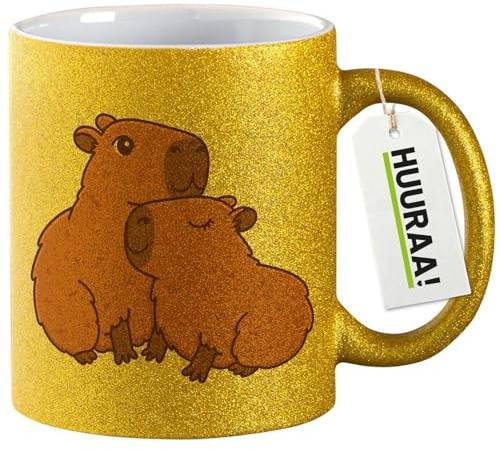Huuraa Tazza Glitterata Coppia di Capibara Tazza da caffè Regalo Oro 330ml Coppia di Capibara Presente