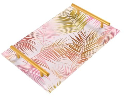 Bandejas decorativas de plástico con asas de palmera tropical, hojas rosas y doradas, bandeja para servir alimentos, joyas, perfumes, para servir charolas para servir