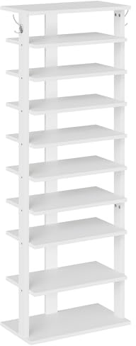 HOOBRO 10-lagiges Schuhregal, schmales Schuhablage, 50 cm Schuhschrank mit 2 Haken, Ablagegestelle, Stabil, für Eingang, Wohnzimmer, Schlafzimmer, Weiß EWT140XJ01