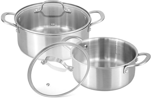Stainless Steel Casserole Dish with Lid – Induction Hob Cooking Pots Set – Non Stick Dutch Oven – 20cm 2.7L & 24cm 4.3L (2 Pots + 2 Glass Lids) – by Nuovva