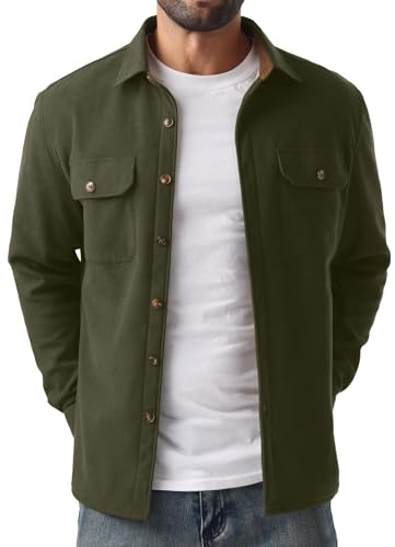 QIXING herr fleece manchesterskjorta långärmad button down fritidsskjorta normal passform skjortjacka höst vinter kappa med fickor, Armégrön, XXL