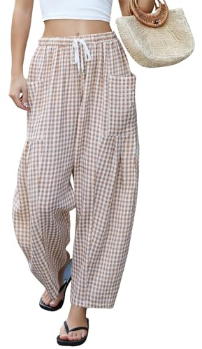 LOMON Women's Linen Pants Casual Loose Palazzo Harem Pants Wide Leg Pants Drawstring Travel Beach Pants(Orange and White Plaid,XXL)
