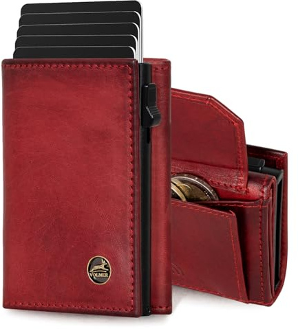 Fa.Volmer ® POP-UP Kartenetui mit Münzfach aus Echtleder für Herren & Damen | 11 Karten | RFID Schutz | Geldbörse (Bordeaux Red, Großes Münzfach)
