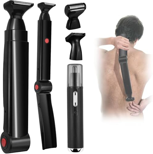 ETbyto Back Shavers for Men Long Handle,Multifunctional Self-Service Electric Back Hair Razor with Adjustable Handle,Men's Back Shaver wiht Nose Hair Trimmer Set and 2 Shock Absorber Flex Heads,Black