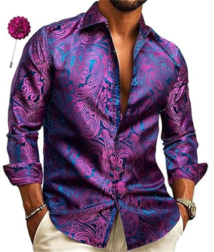 Modeewel Paisley Camicia da uomo con fantasia lucida, slim fit, a maniche lunghe, per feste, in jacquard, per affari, per matrimoni, per il tempo libero