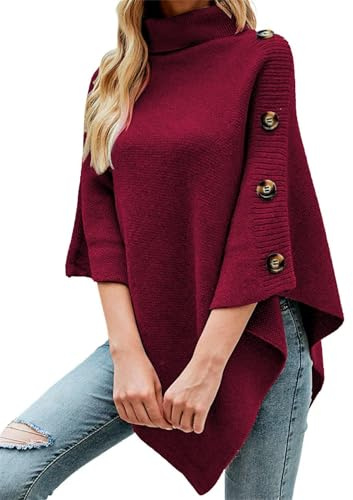 Polokrage för kvinnor detalj poncho 3/4 ärm asymmetrisk fåll höst vinter tröja mode tjock cape stickad jumper, Röd-a, one size