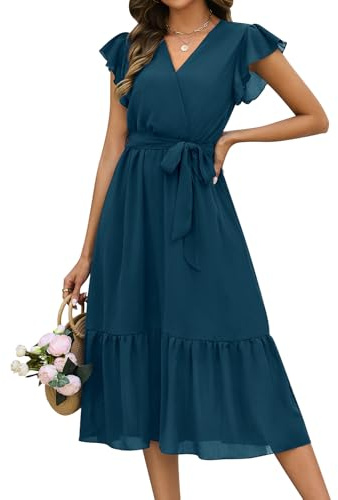 heekpek Vestito Lungo Estivo Donna Scollo a V Leggero Abito Senza Maniche con Volant Elegante Vestito da Mare Summer Dress, Blu Navy, S