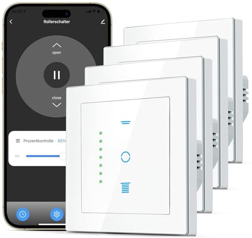 RESTEQ Set med 4 WLAN Rullgardinsbrytare, 6:e Generationens Timerbrytare med Kontrollerbar LED, Procentuell Programmering och Röststyrningskompatibilitet, Kräver Neutralledare