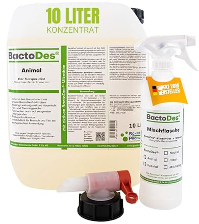 BactoDes - Désodorisant concentré animaux 10L avec vaporisateur mélangeur - Spray chat anti pipi puissant avec effet microbien bio - Anti odeur litiere chat - Anti odeur chien - Elimine les odeurs