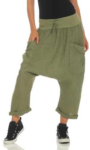 Malito Harem Pantalones Lino Pantalones Bloomers Capri Colores Lisos 6285 Mujer (Aceituna)