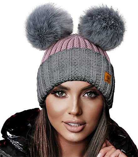 4sold Miki vintermössa för damer och flickor, mössa i stickad ull med stor pompom, keps, skidåkning, snowboard, hattar, bobble, 1 x rouse rosa grå, en storlek