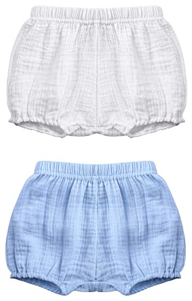 Symunnia 2 Pack Toddler Baby Girls Boys Summer Clothes Cotton Solid Bloomer Basic Shorts Bow Diaper Covers(12-24months,White-Blue#1)