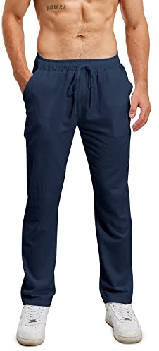 Lanckeli Pantalones de Yoga de Playa de Lino con Cordón para Hombre, Pantalones Largos Casuales Sueltos y Ligeros.