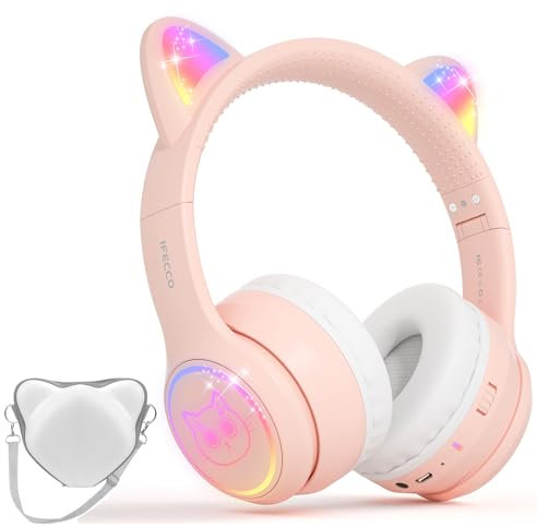 IFECCO Casque Audio Enfant avec Microphone,Casque d'écoute à Lumière LED pour Chat avec étui Casque Bluetooth sans Fil Enfant pour Ecole Tablette Téléphone