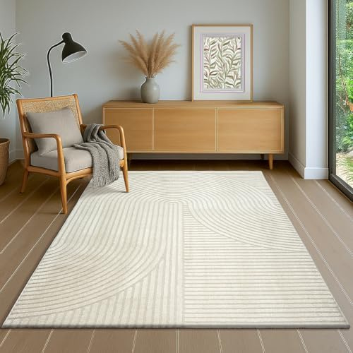 the carpet Everest - modern short pile with high-low effect, 3D effect, high pile density and pleasantly soft, Panglao design, cream, 140 x 200 cm