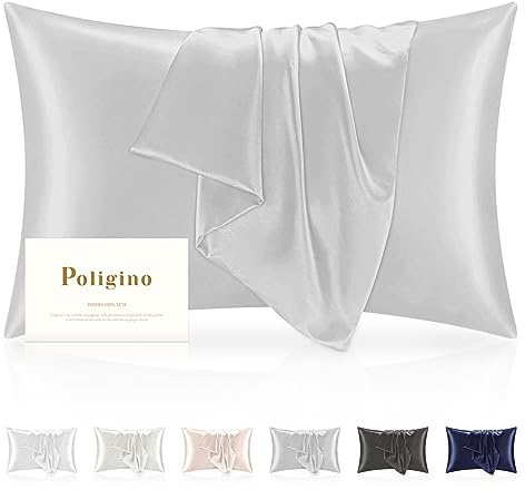 Poligino Taie Oreiller en Soie de Qualité Supérieure, Argenté, 50 x 70cm, Classique, Hypoallergénique, Super Confortable, Protège les Cheveux et la Peau, Respirant, Antistatique