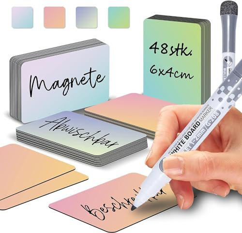 BIROYAL Magnetstreifen beschreibbar, 6X4cm 48Stk. Abwischbare Magnete, Selbstklebend Magnetschilder zum beschriften, Magnet-Etiketten inkl. 1 Marker für Whiteboards (4 Verlaufsfarben)