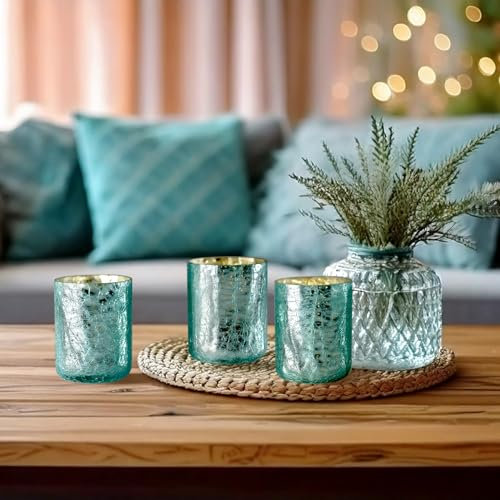 ZEYA Teelichthalter blau, 3er Set, 9,5 cm hoch, Blaue Teelichtgläser groß, Teelichtglas Hellblau, Crackle Tumbler, Deko Kerzengläser Türkis, Windlichter, Präsent zu Weihnachten