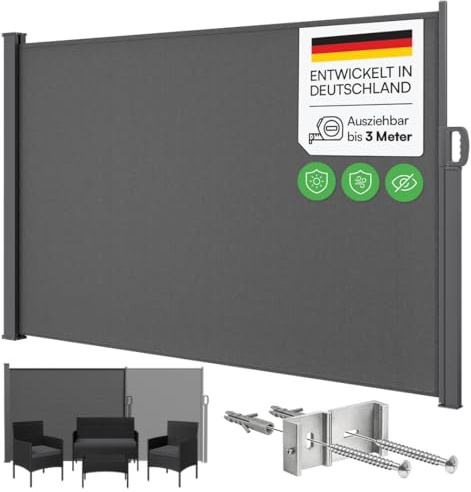 STEELSØN Zirella Seitenmarkise 160x300 cm – Windschutz ausziehbar – Sichtschutz Terrasse/Garten/Balkon – Außen Rollo Anthrazit Blickdicht – Sonnenschutz mit Wandhalterung – Wandmarkise aus Aluminium