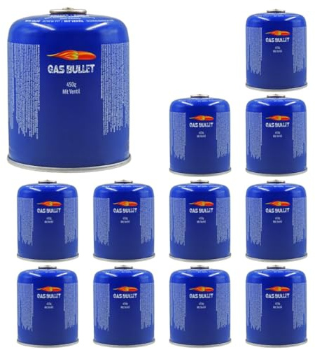 Gas Bullet ® Schraubkartusche 450g passend für Gaskocher, Gasgrills (speziell für Weber) und alle Geräte mit 7/16“ Gewinde | Ideal für Camping/Outdoor/Notfälle (12 Kartuschen)