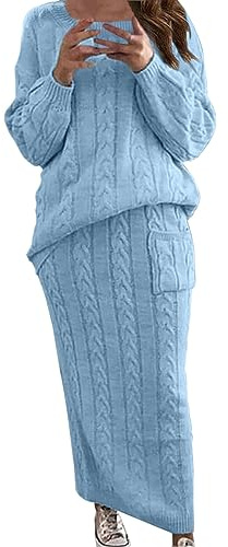 Ensemble 2 pièces élégant pour femme - Automne - Jupe festive 2 pièces et haut élégant - Col rond - Manches longues - Pull en tricot stretch - Jupe midi - Lâche - Couleur unie - Grandes tailles, Bleu