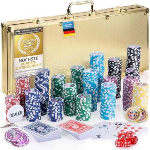 Mallette de poker Profi Pokerset comprenant 300-500 jetons de poker de haute qualité ; deck de poker, jeu de cartes, cartes de poker, dés, bouton de croupier ; casino à domicile (Or, 500 Jetons)