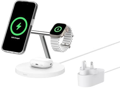 Belkin BoostCharge 3-in-1 Qi2 charger, MagSafe compatible wireless charging station, Qi2 Wireless Charger for Apple iPhone 17 Series, Air, Apple Watch, AirPods with Non-Slip Base, PSU Included - White