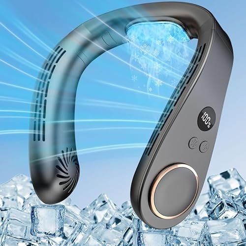 Ventilateur de Cou Climatiseur Mobile,Mini Climatiseur Portable 5500mAh Rechargeable USB Sans Pale & Mains Libres,Neck Fan Air Cooler avec Affichage LED pour Bureau Voiture Camping Exterieur Noir