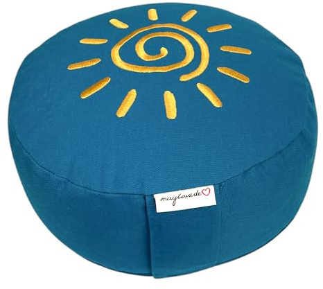 maylow Yoga mit Herz® Hochwertige Meditationskissen Stickerei Shanti Sonne Bezug waschbar Innenkissen Bio-Dinkelspelzen Ø33 cm H: 15cm (Personalisierung nach Wunsch) (türkis, H:15cm)