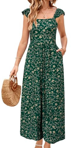 LAISHEN Jumpsuits Women Ruffle Sleevelesss Playsuits Square Neck Smocked Wide Leg Overalls with Pockets (Floral-D,M)