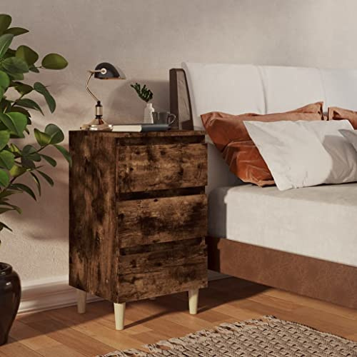 Mesita de Noche, Material Madera Maciza de Eucalipto y Madera de Ingeniería, 3 Cajones y Patas Robles, Mesa de Cabeceira, Mesitas Auxiliares, para Dormitorio, Color Roble Ahumado, 40x35x69 cm