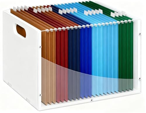 Yrangee Hanging File Organizer Box with Handle, Acrylic File Folder Organizer Letter Size, Portable Hanging Folder Storage Boxes for Home Office Desk Document Storage, White