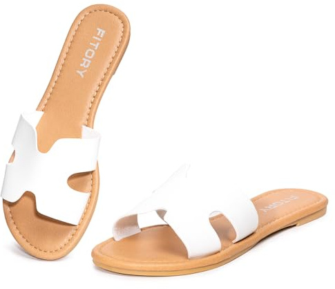 FITORY Women's Fashion Sandals Summer Casual Dressy Slip On Comfortable Leather Flat Slides On Indoor/Outdoor Pure White Size 6