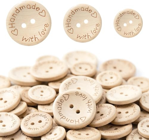 150 Pcs Wooden Buttons, 15/20/25 mm Round Shape Button with 2 Holes for Cardigans and Clothes, Handmade with Love Baby Buttons for Kids DIY Sewing Craft Decorations - Natural Color