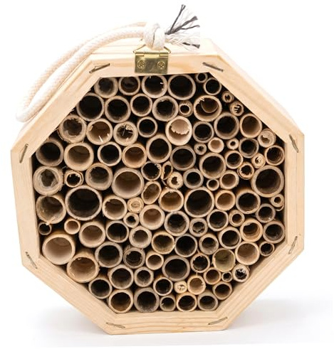 Bee Hotel, Wood Octagonal Mason Bee House Pollinator Hotel With Hanging Rope For Garden Yard, 6x6x3 Inch bug mason house