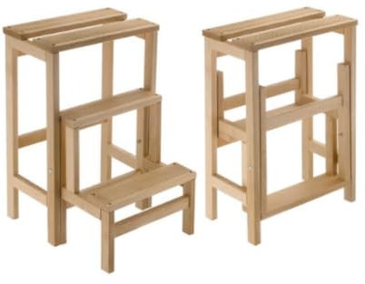 Taburete con escalera de madera de haya natural plegable, ahorra espacio, 3 peldaños